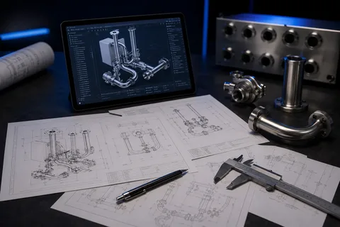 Technical drawings and liquid-cooling hardware on a review desk