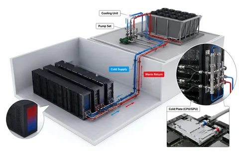 Direct-to-chip liquid-cooling path between cooling equipment, racks and cold plates