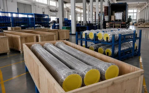 Long stainless pipe modules protected inside export crates
