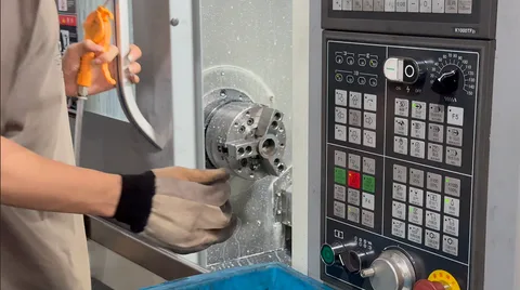 Operator handling a part at a machining center